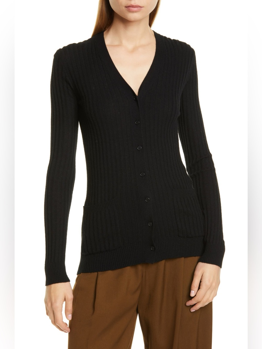 Vince Cashmere Black Ribbed V-Neck Button Cardigan Sweater